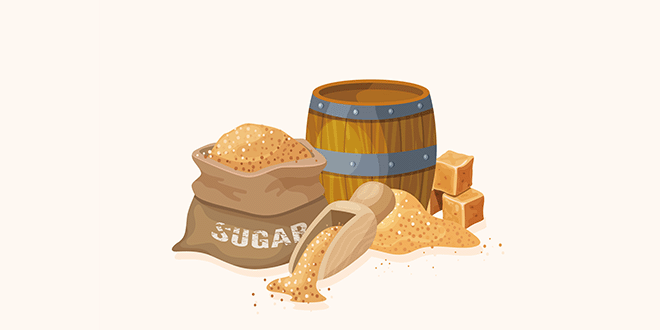 袋と樽に入っている砂糖